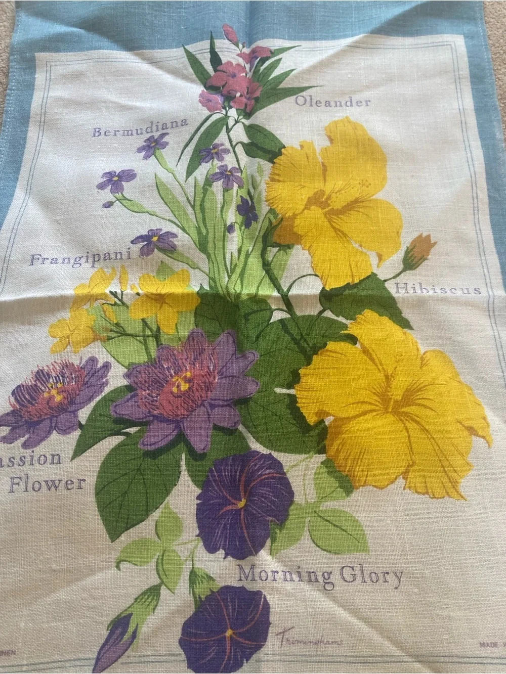 Vintage Trimingham’s Bermuda Tea Towel - 100% Irish Linen Floral Souvenir